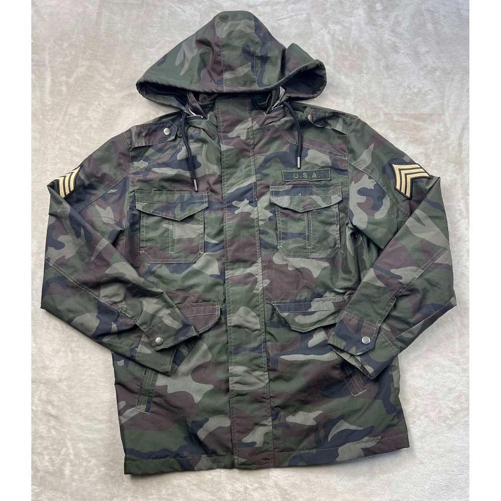 CSG Mens Camo Hooded Field Jacket Green Woodland Camouflage USA Patch Small